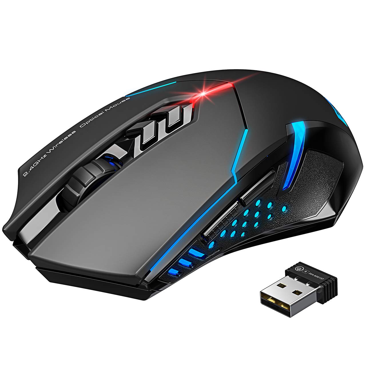 VicTsing Wireless Gaming Mouse with Unique Silent Click, Breathing Backlit, 2 Programmable Side Buttons, 2400 DPI, Ergonomic Grips, 7-Button Design - Black