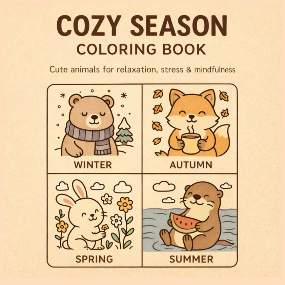 Cozy Seasons Coloring Book: Cute Animals for Relaxation, Stress Relief & Mindfulness