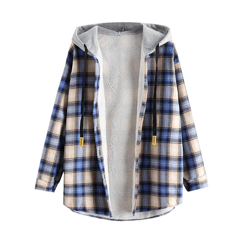 Zaful Womens Plaid Fleece Lined Hooded Jacket Button Up Oversized