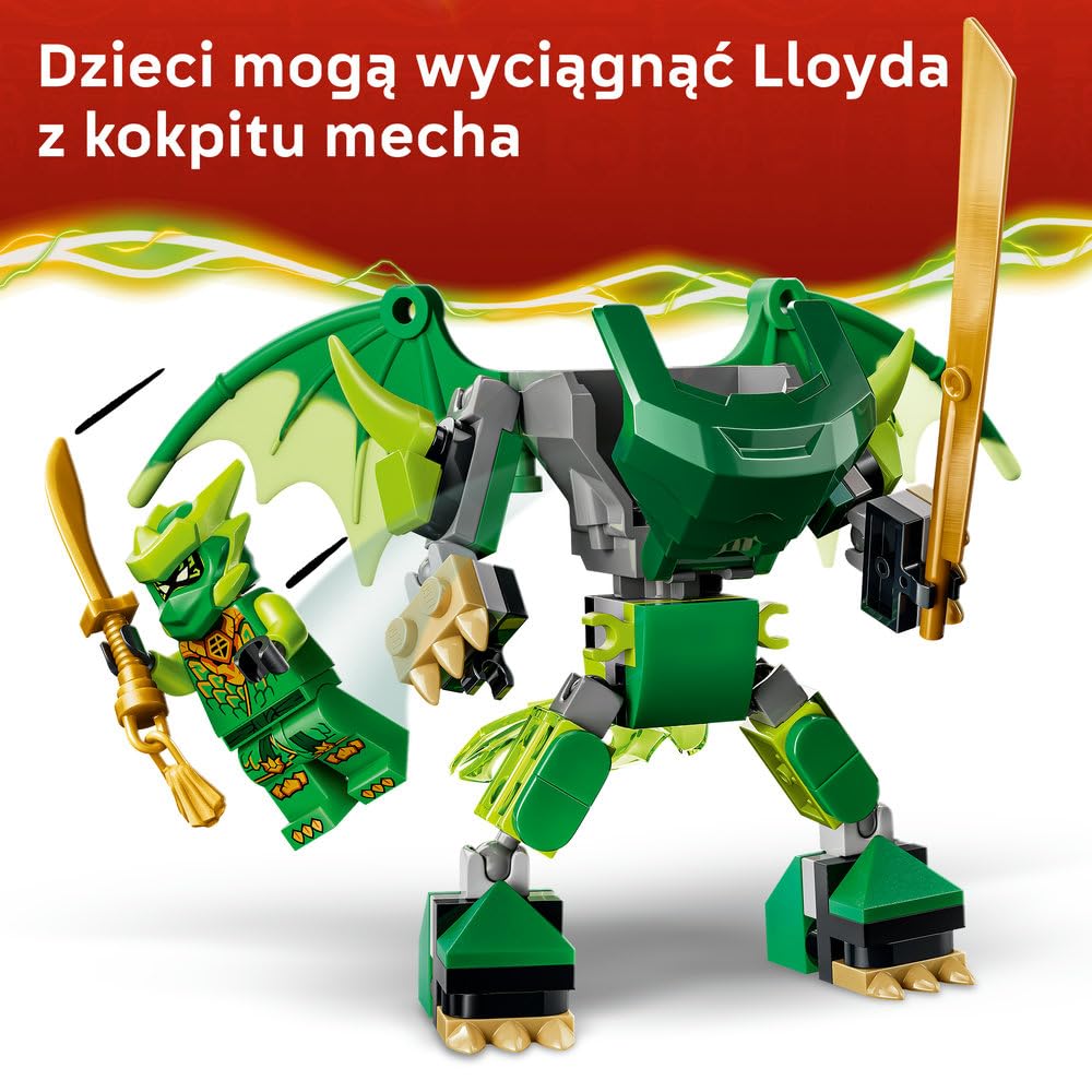 LEGO NINJAGO Smoczy mech Lloyda — zestaw bitewny, zabawka konstrukcyjna, klocki dla chłopca lub dziewczynki, ruchoma figurka mecha i trzy minifigurki ninja, prezent dla dziecka od 6 lat 71862