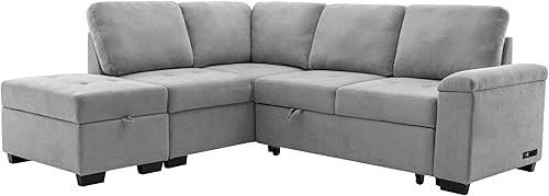 Velvet Sleeper Sectional Sofa- L-Shape Corner Couch Sofa-Bed with Storage Ottoman & Hidden Arm Storage & USB Charge for Living Room Apartment -