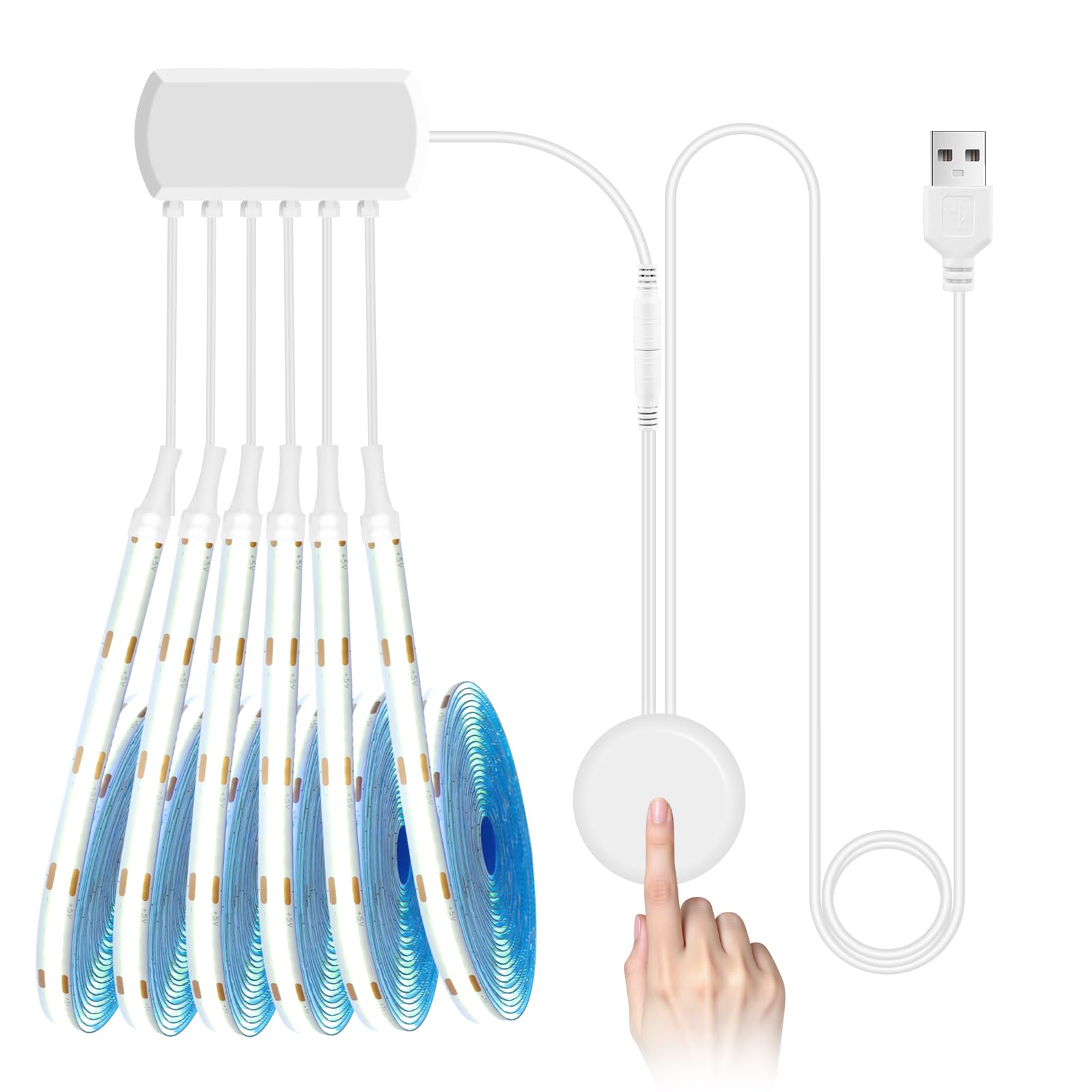 YGYCOBST 6 Rolls 2M White COB LED Strip Kit，5V USB COB LED Strip Light with Hide Touch and Hand Sweep Dimmer Switch for Acoustic Panel，Shelves，Showcases，Cabinet Decoration Lighting