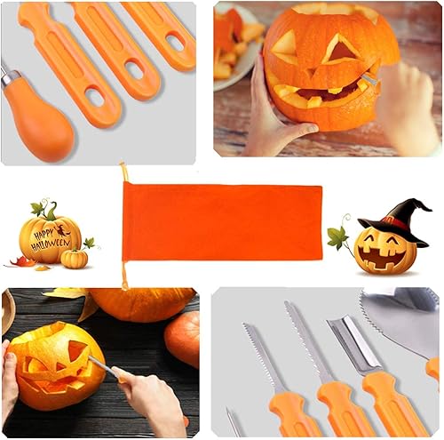 Miniatura 7 de ButyHome Juego de 33 piezas de tallado de calabaza, herramientas de tallado de calabaza de acero inoxidable con martillo, plantillas de bricolaje,
