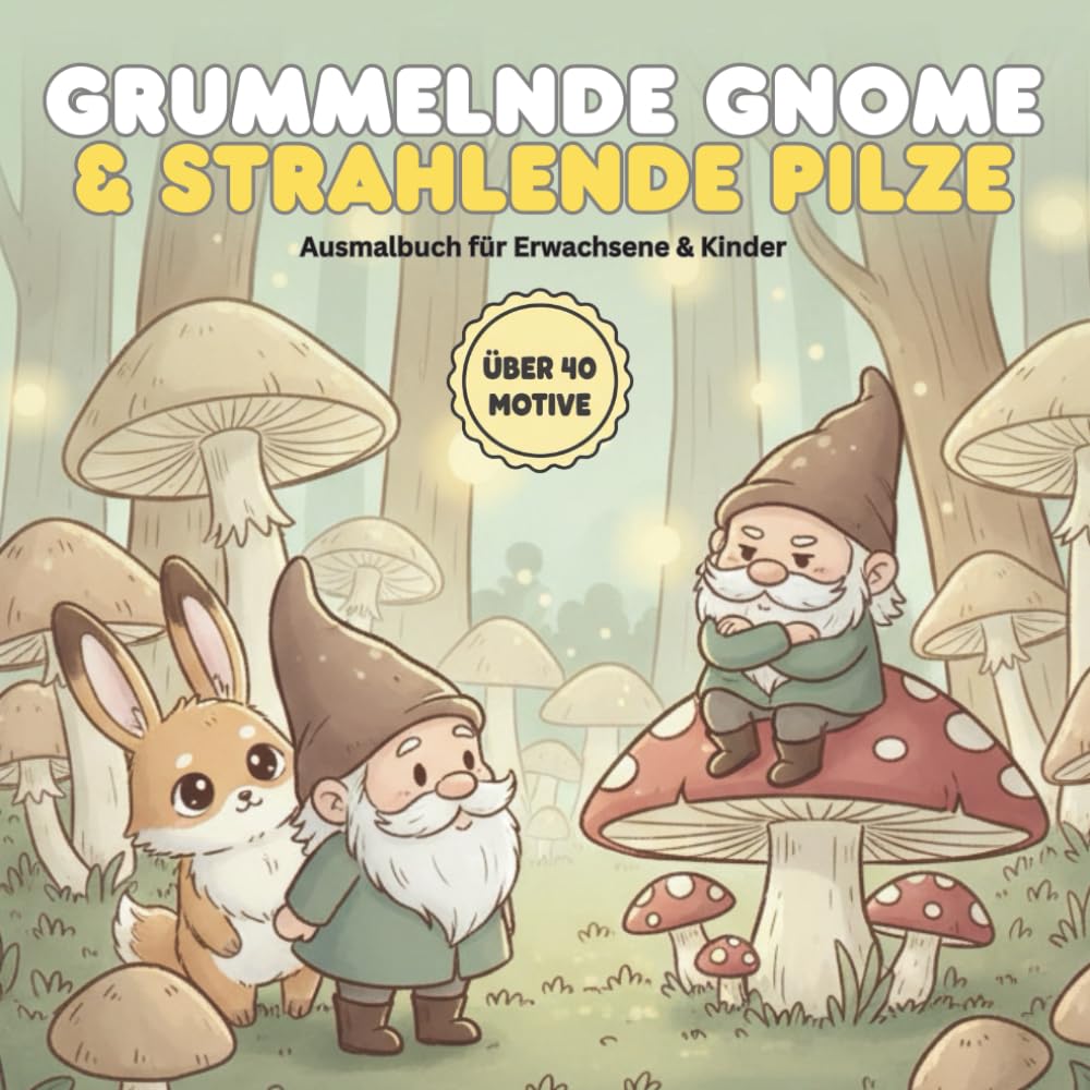 Grummelnde Gnome & strahlende Pilze: Das Premium Malbuch mit über 40 Motiven für Erwachsene & Kinder | Entspannung im verzauberten Pilzwald
