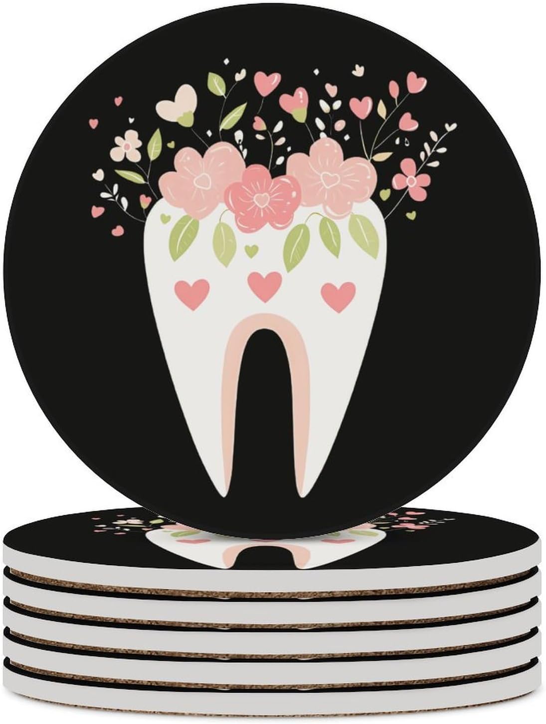 Dentist Dental Hygienist Tooth Flower Funny Round Ceramic Coasters for Drink Absorbent Cup Holders Tabletop Protection