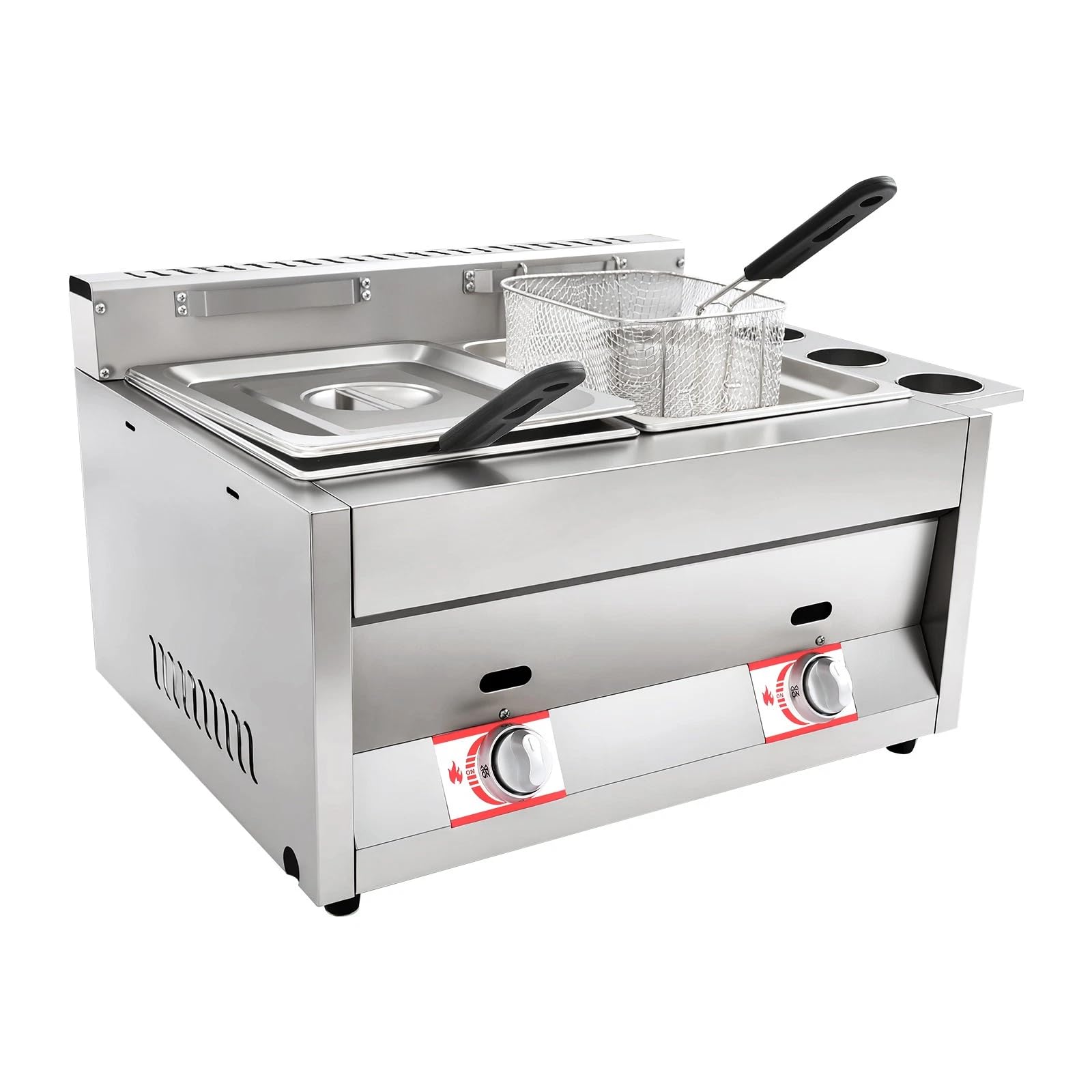 Friteuse à Gaz Commerciale, Double Réservoir 6L, En Acier Inoxydable, Avec 2 Paniers à Friture Et Couvercle, Température Réglable 50-380°C, Pour Restaurants, Bars à Emporter, Cuisine à Domicile