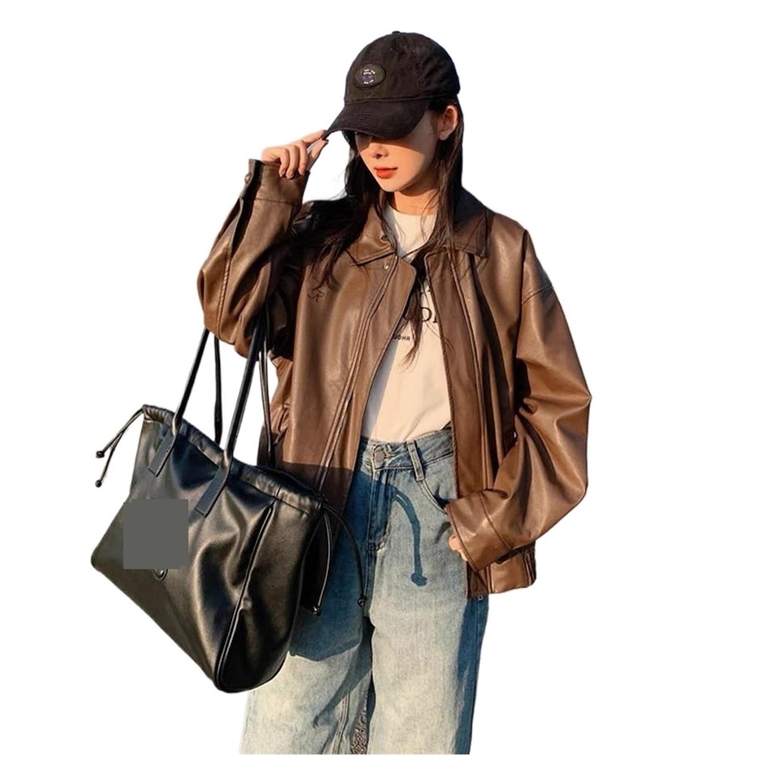 Chaqueta Cuero Mujer Women's Spring Autumn High Loose American Retro Motorcycle Top Para salir