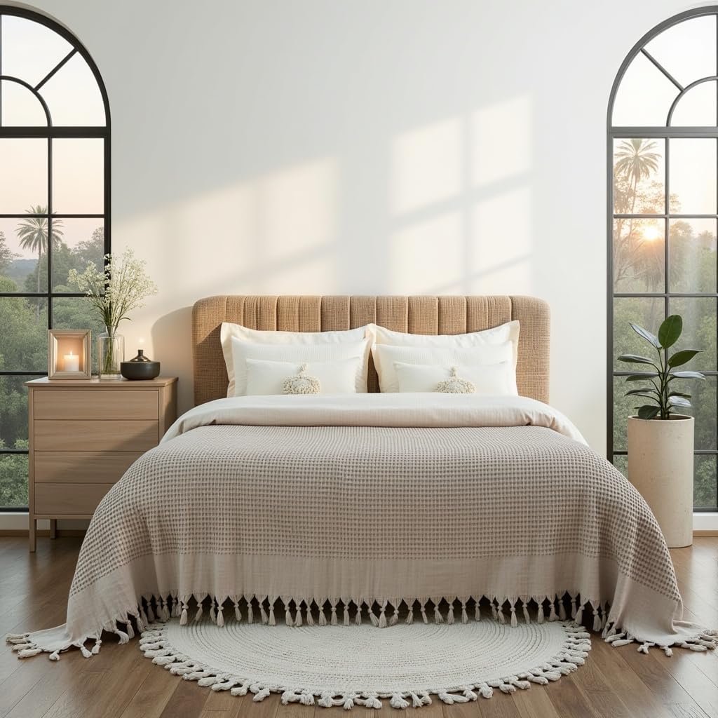 BOHORIA® Bedspread 220 x 240 cm in Waffle Look Santorini Extra Large 100% Cotton Oeko-Tex® Throw for Sofa Armchair and Bed Sofa Blanket Wool Blanket (Sepia) - Image 4