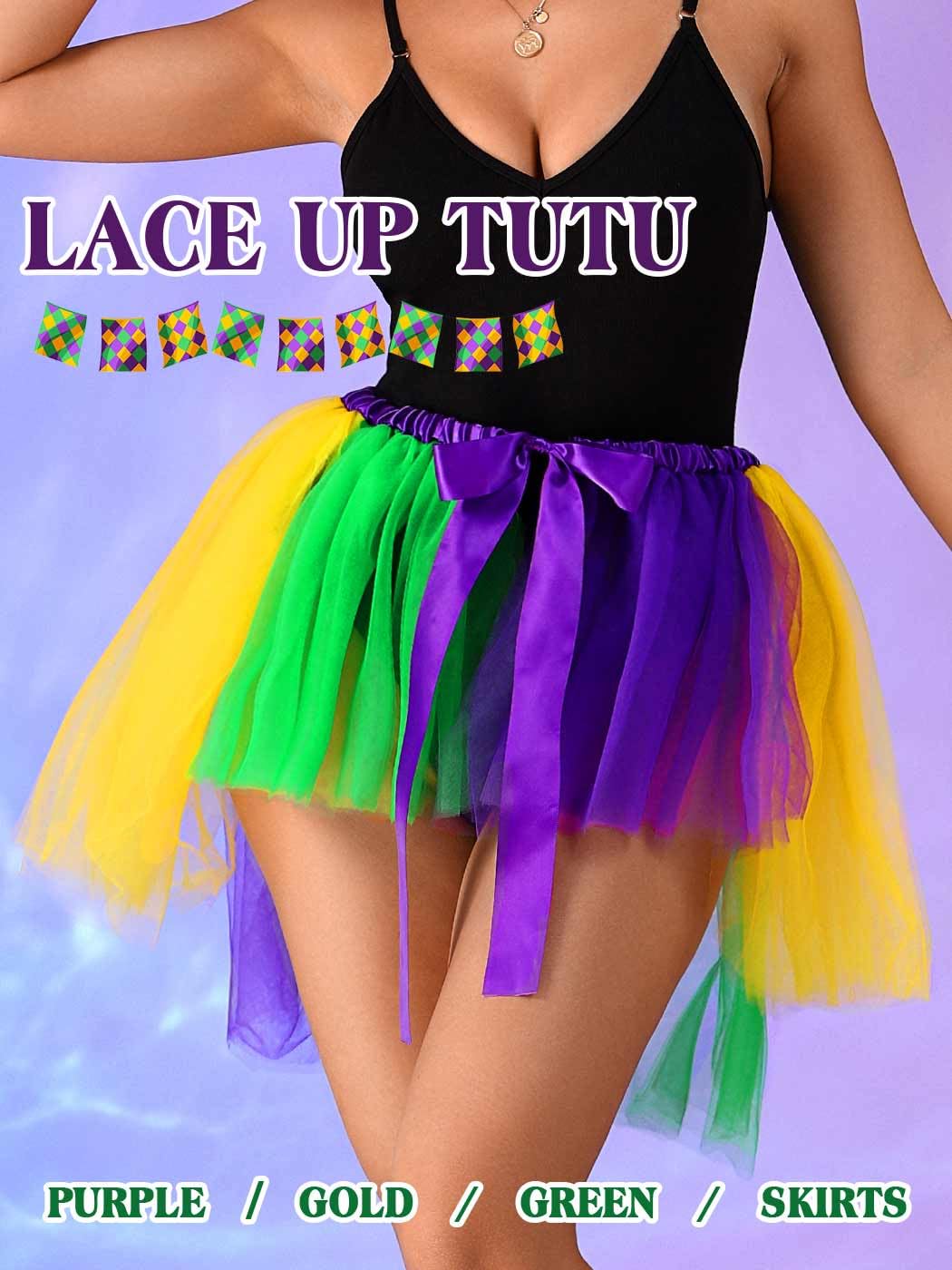 TWINKLEDE Mardi Gras Tutu Skirt Carnival Tulle Tutus Festival Costume Skirts for Women (Purple & Yellow & Green-Lace up)