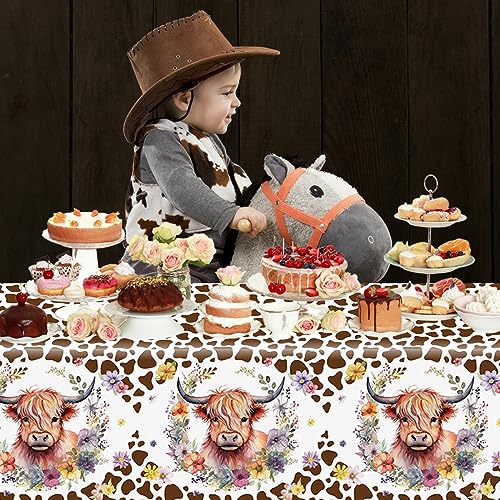 Image of CMUSKO 3Pcs Highland Cow Tablecloths-Brown Cow Print Baby Shower Decorations Western Highland Cow Disposable Rectangular Plastic Table Covers Cow Print Birthday Party Supplies