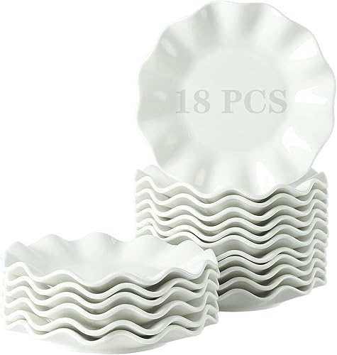 Juego de 18 platos de porcelana de 6 pulgadas, platos pequeños para ensalada de postre, platos de servir con borde de onda blanca para pasteles,