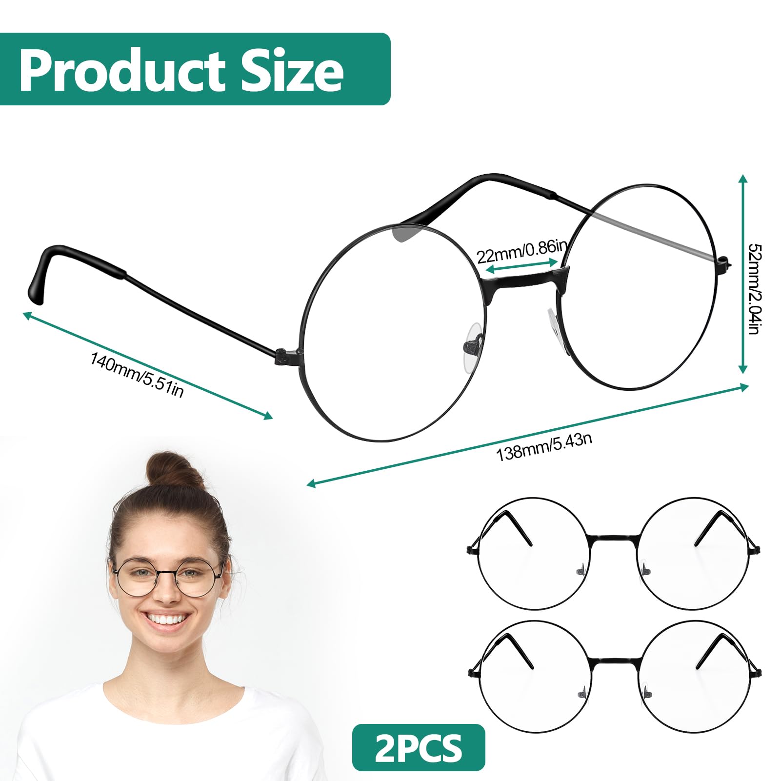 NGUIT 2Pairs Fancy Dress Round Glasses Unisex Christmas Black Classic Wizard Fake Cosplay Nerd Glasses Clear Lens Metal Frames No Makeup Party Costume Vintage Accessories Prom - Image 2