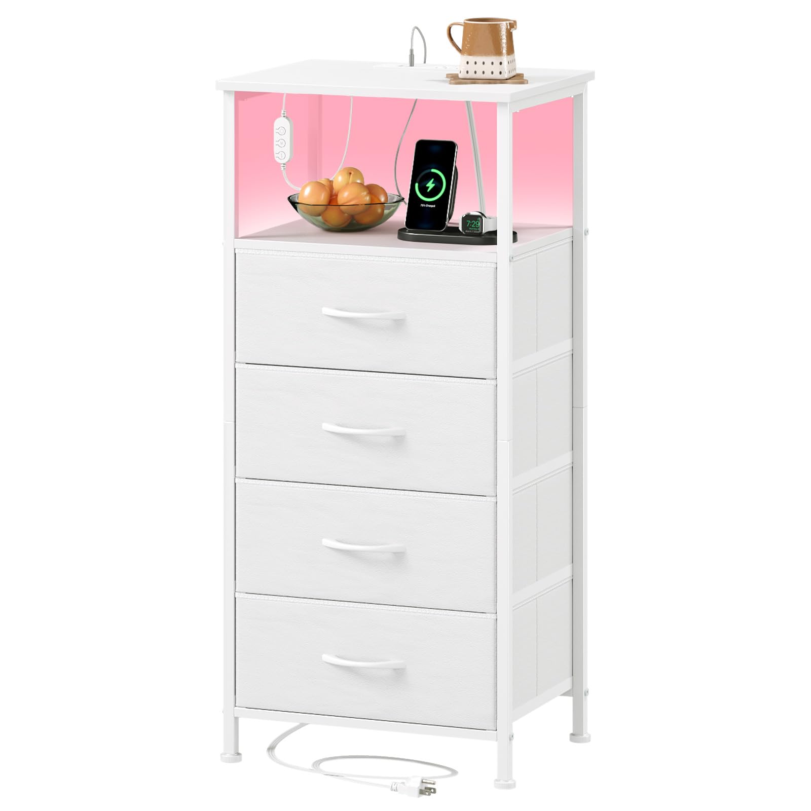 Somdot White Nightstand with Charging Station and LED Light for Bedroom, Tall 4 Drawers Dresser with Fabric Bins for Bedside Kids Dorm Room Closet