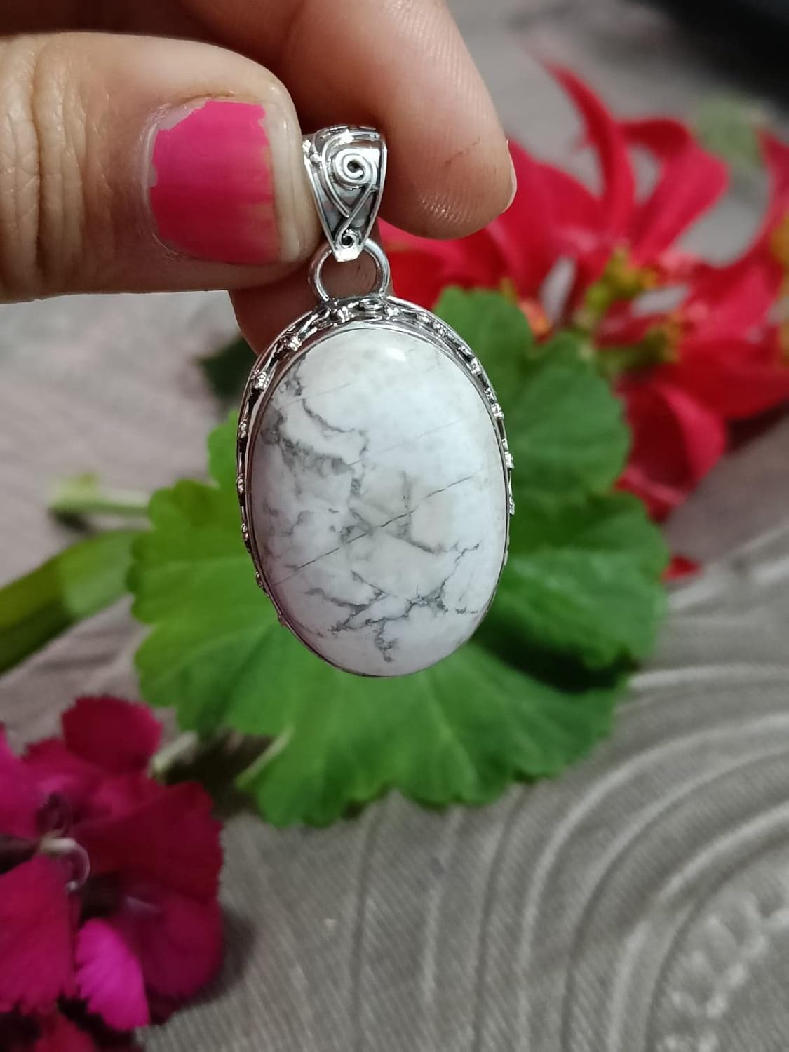 White Howlite Pendant,925 Sterling Silver,White Marble Pendant,Pendant For Girl Friend,Howlite Crystal Necklace,Silver Howlite Pendant,Fashion Jewelry For Gift,Charm Pendant,Gift For Daughter