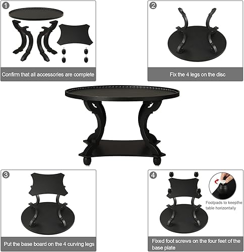 Miniatura 5 de Wnutrees Mesa de centro redonda de granja, bandeja de madera con estante de almacenamiento, estilo rústico para sala de estar y acabado vintage,