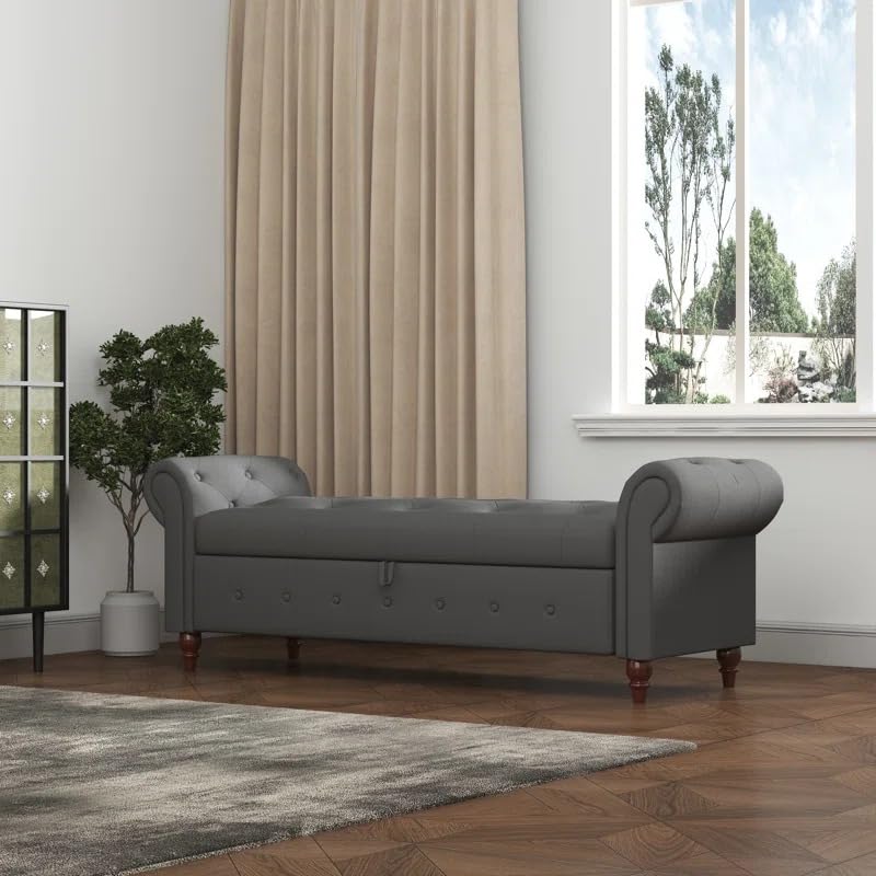 Image of LEGACY OF COMFORT F4 Velvet Upholstered Storage Bench Sofa Bench Sofa couches Rolled Arm Window Bench Ottoman Bench 2 Seater Sofa Chaise Lounger or Living Room Bedroom Office (Grey Velvet)