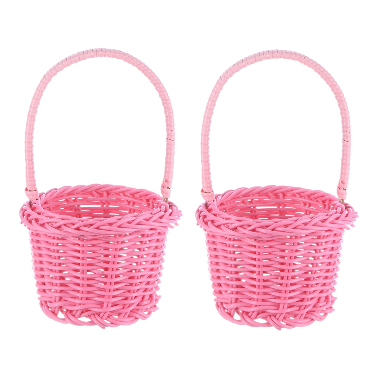 M METERXITY 2-Pack Mini Woven Baskets with Handles, 2.36 x 3.54 x 5.71 Inch Plastic Mini Flower Baskets with Handles for Craft/Birthday/Party/Wedding [Pink]
