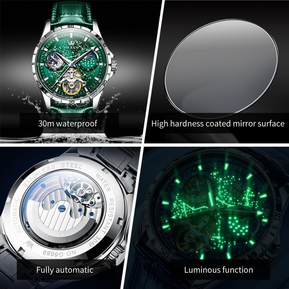 OLEVS Mens Leather Watches Automatic Mechanical Skeleton Tourbillon Diamond Luxury Self Winding Dress Wrist Watches Moon Phase Waterproof Luminous - Image 6