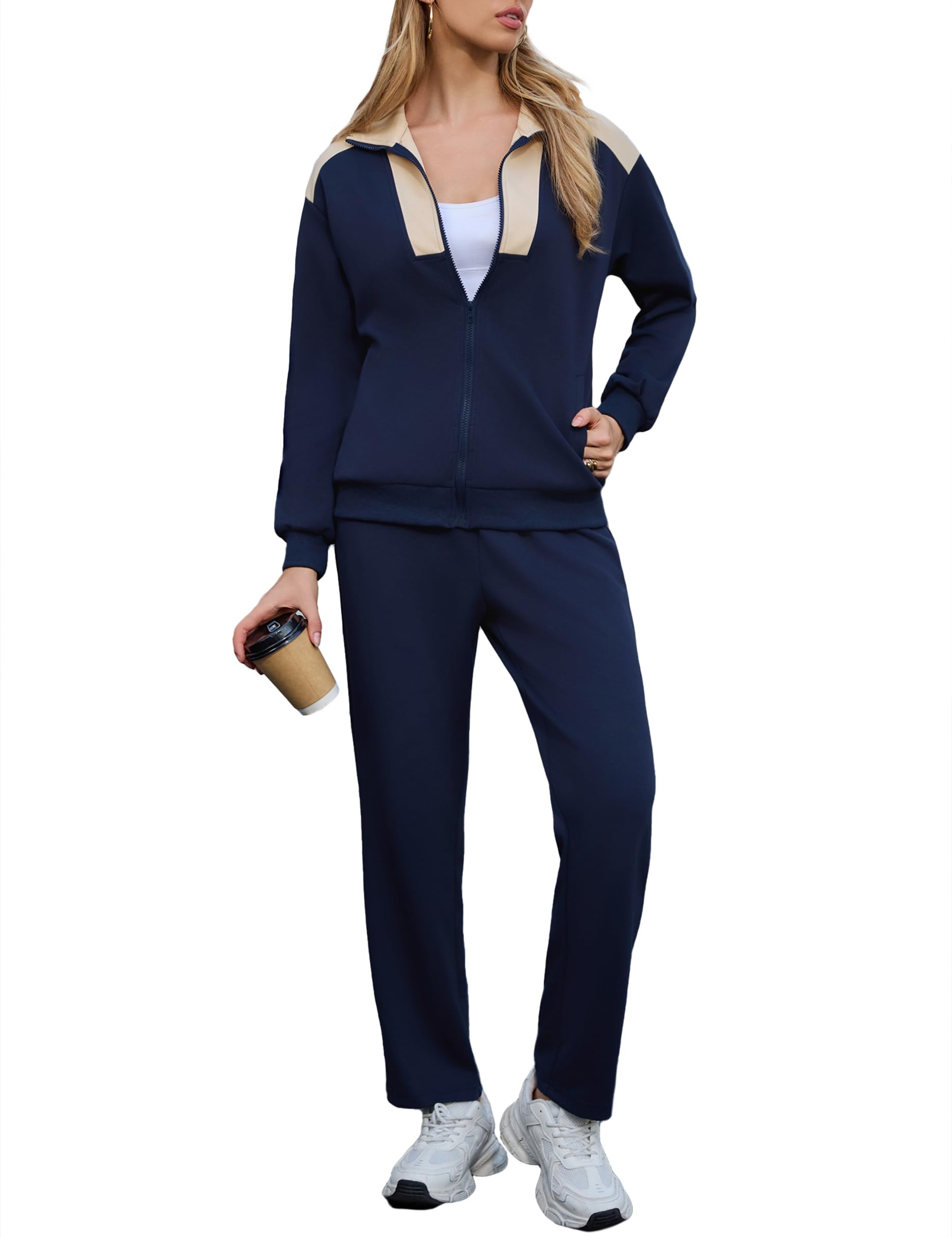Litherday Jogginganzug Damen Lang Freizeitanzug Trainingsanzug Streatwear Baumwolle Sportanzug mit Farbblock Design Taschen