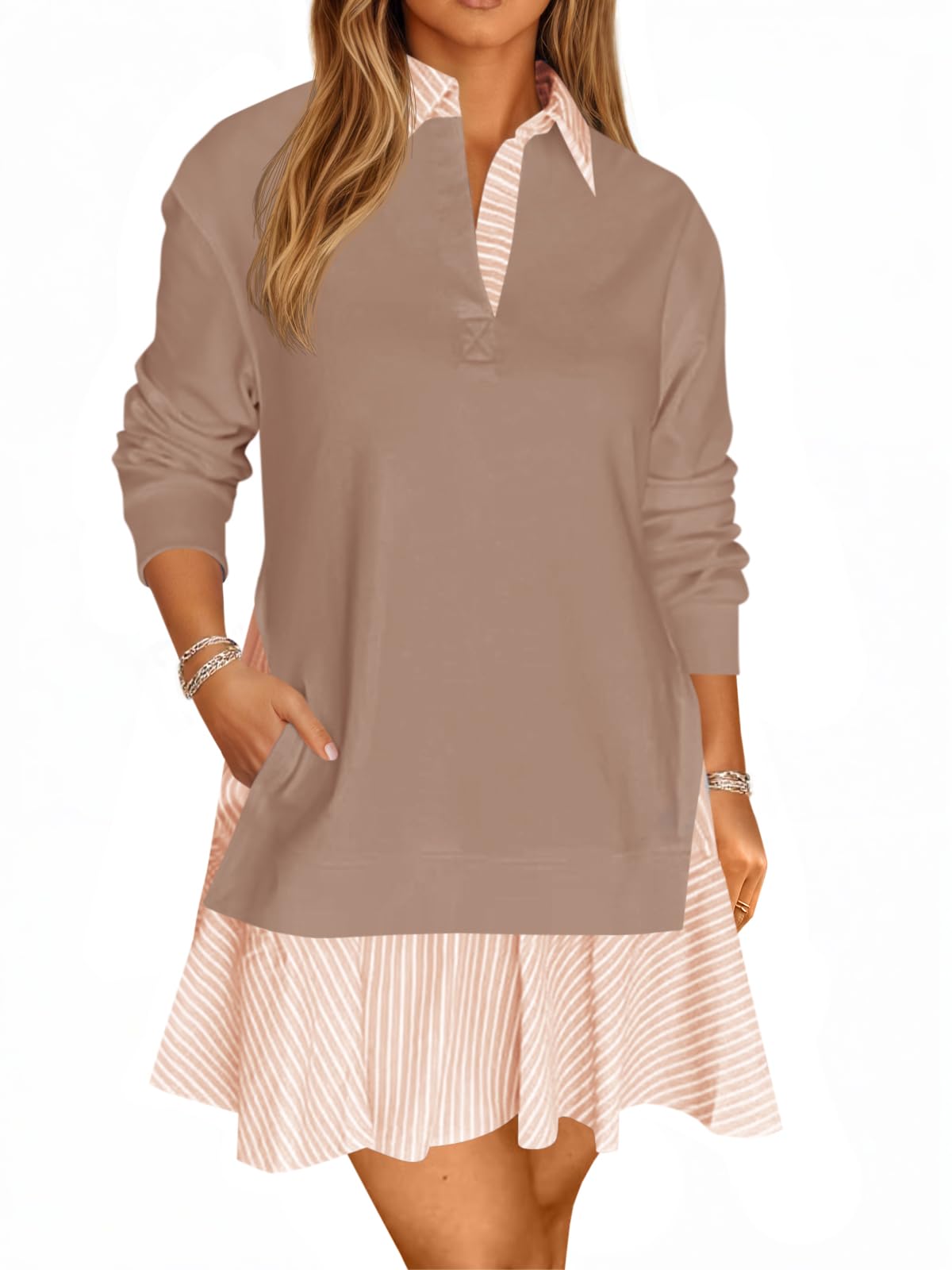 Wenrine Abito da donna oversize casual a maniche lunghe con colletto a V patchwork mini abiti larghi