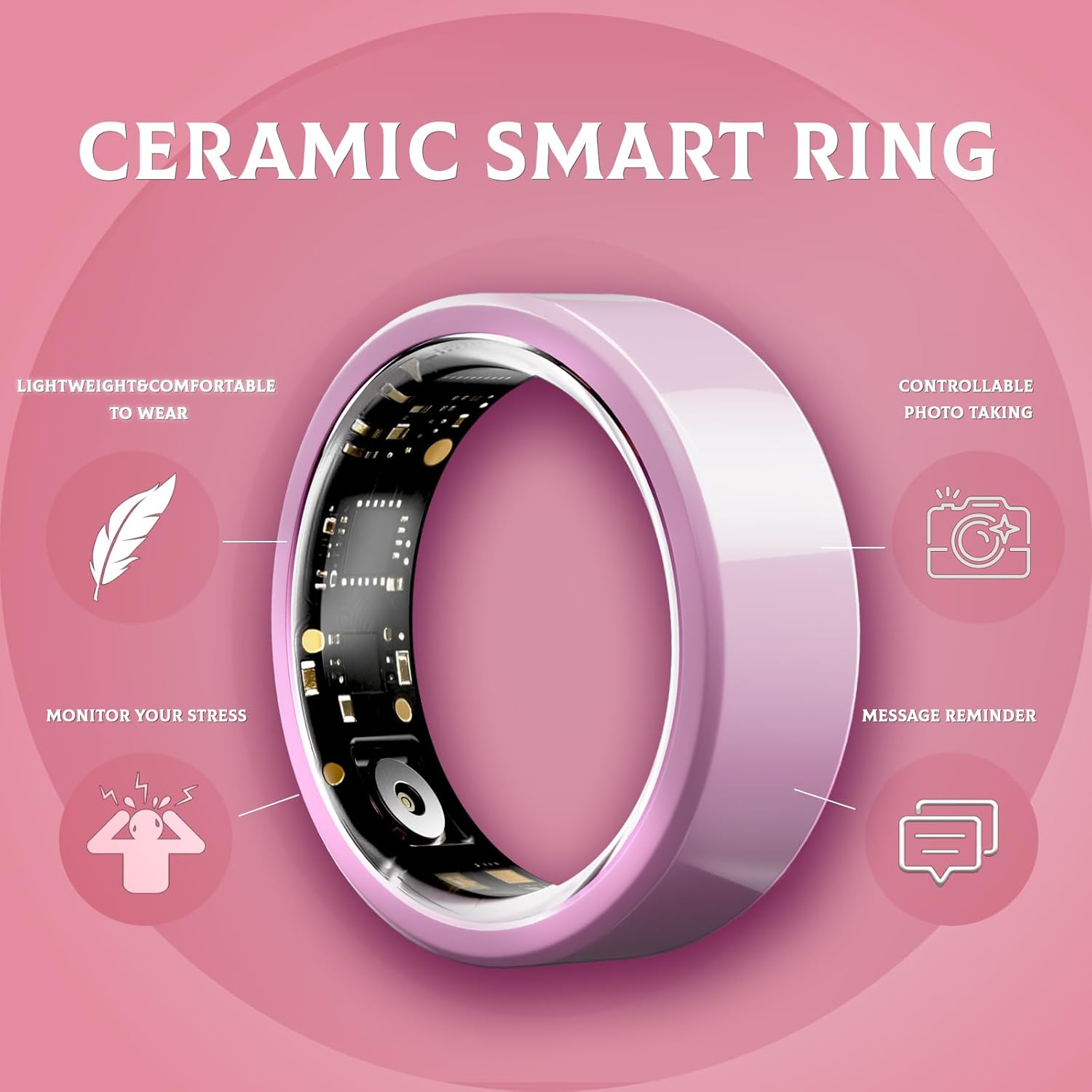 Smart Ring for Women,Ceramic Smart Ring,Calorie Burn, Auto Exercise Recognition,Health Fitness Tracker with Heart Rate Monitor,Sleep Tracking, Step Counter, for iOS & Android (Pink,#10)