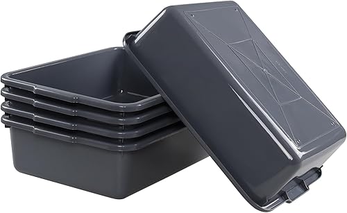 Miniatura 14 de Paquete de 4 bañeras de autobús, caja de mano comercial, caja de autobús de plástico (capacidad de 13 L), color gris