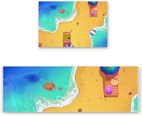Kitchen Rug Mats Set of 2 Piece Sea Beach Blue Non Slip Cushioned Rug Yellow Ball Colorful Anti-Fatigue Washable Comfort Floor Mat Carpets Home