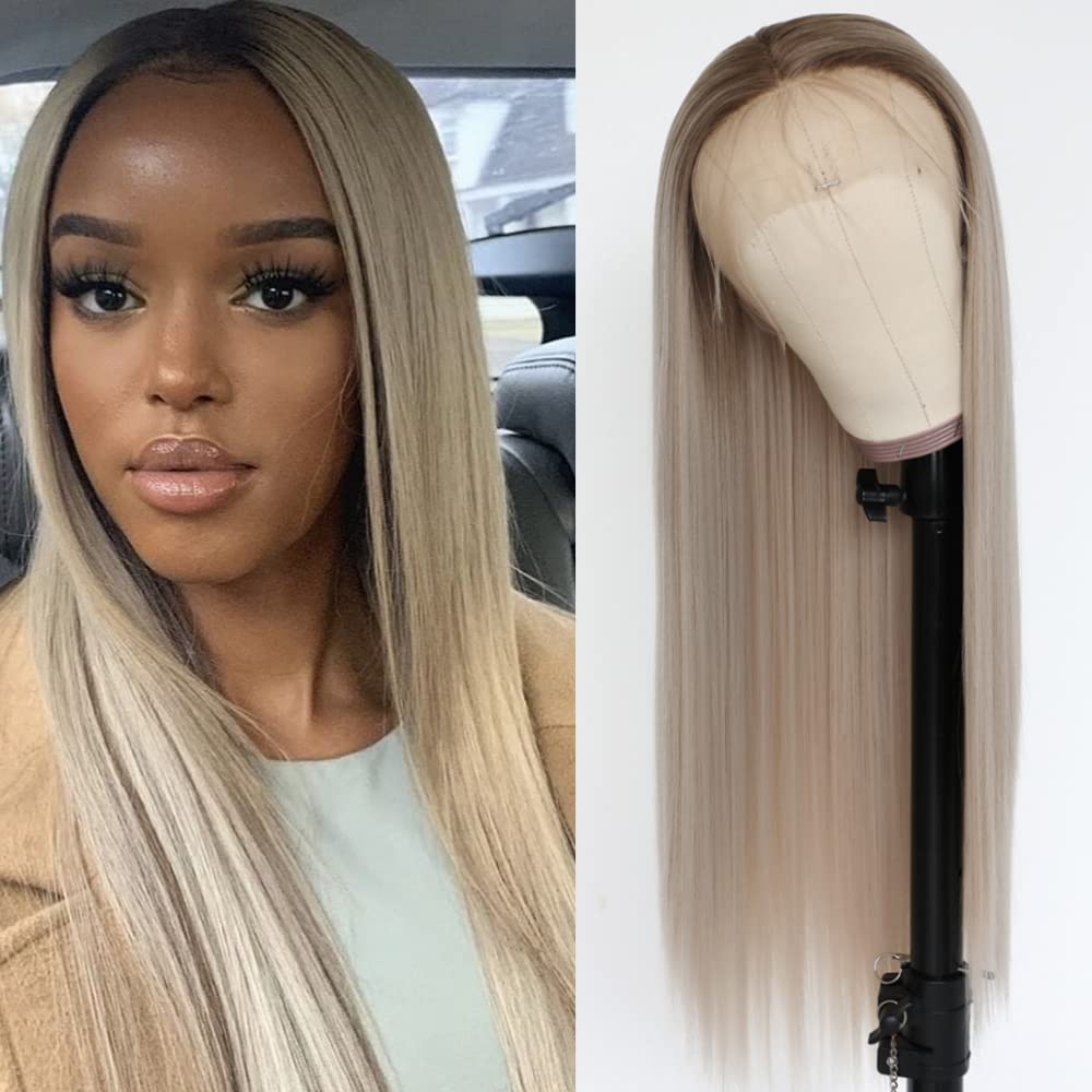 Amazon Com Jolitime Ombre Ash Blonde Synthetic Lace Front Wig Long Straight Platinum Blonde Natural Hair Line Heat Resistant Fiber Hair Wigs For Fashion Women Beauty Personal Care
