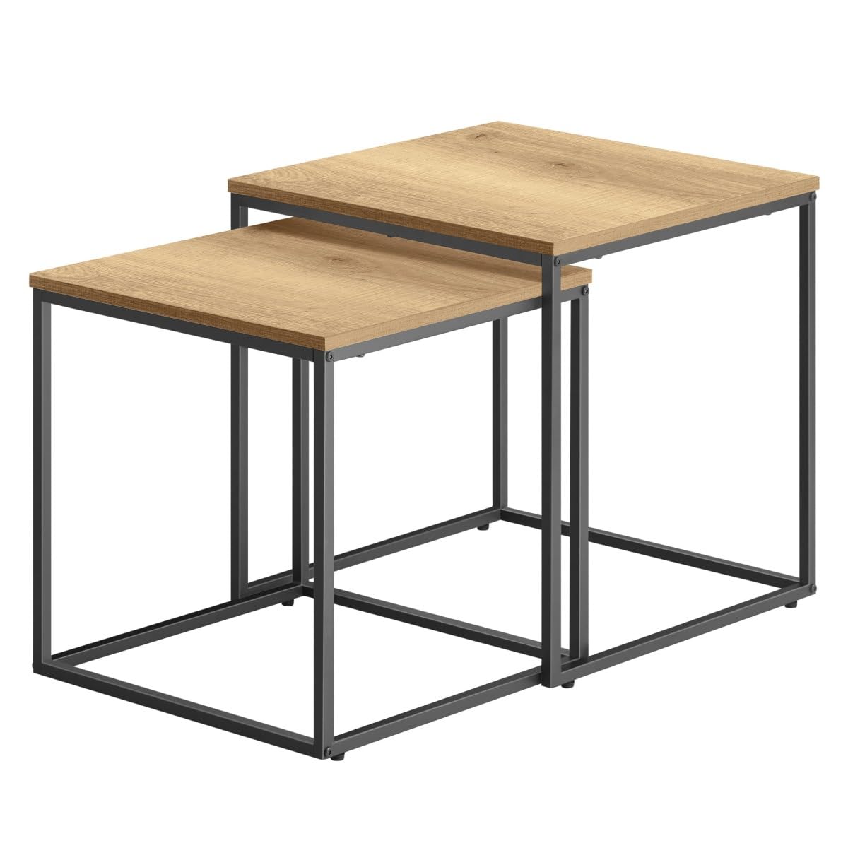 Mesa de Centro 50x50 cm, Juego de 2 mesas Nido cuadradas Efecto Roble, Patas de Metal Negro, diseño Industrial Ahorra Espacio para salón y Dormitorio