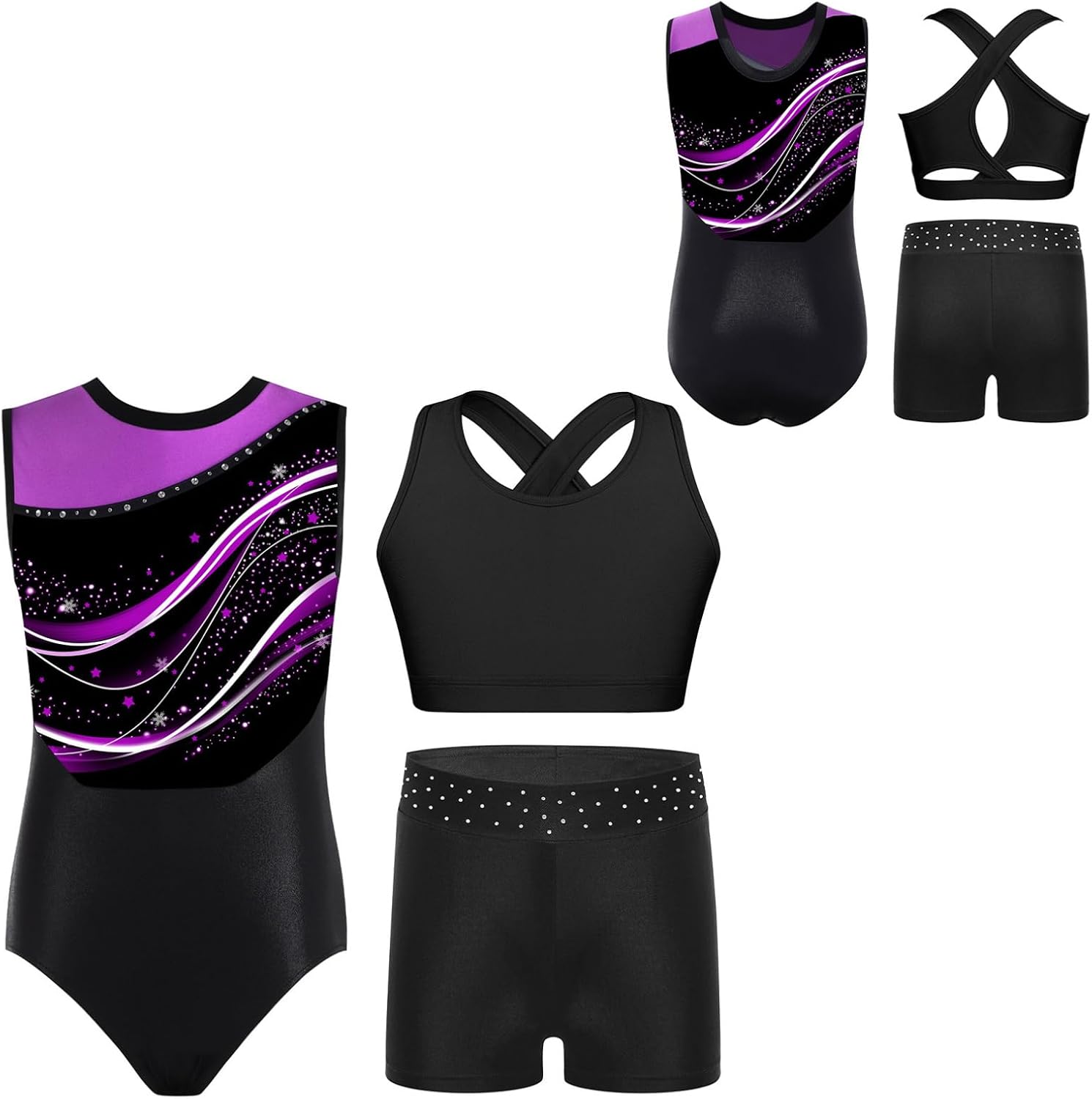 YiZYiF Girls Tumbling Dance Outfits Yoga Workout Sports Tracksuit 3 Piece Ballet Leotard Crop Vest with Shorts Set Purple 16 Years