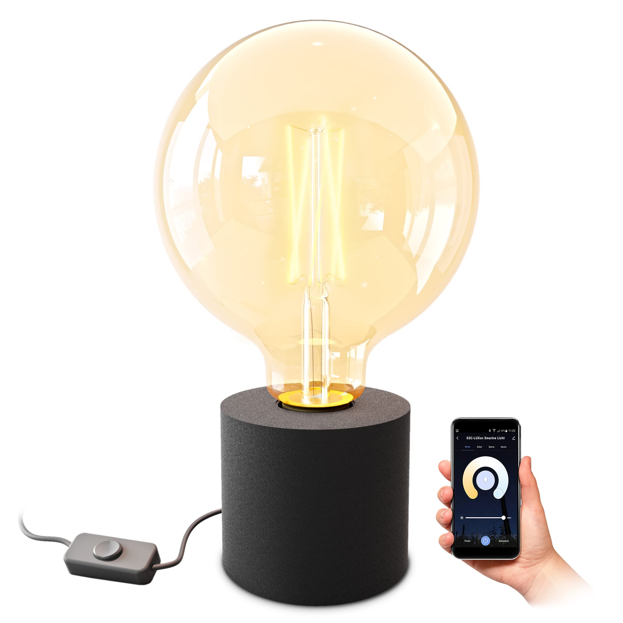 SSC-LUXon NAMBI Tischlampe Vintage schwarz inkl. Smart WiFi E27 LED Globe Birne - Tischleuchte mit Kabel und Schalter Steuerung per App & Sprache