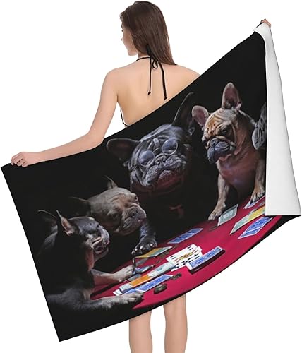 French Bulldog Poker - Toalla de playa de microfibra de secado rápido, regalo para mujeres y hombres, natación y baño (52 x 33 pulgadas)