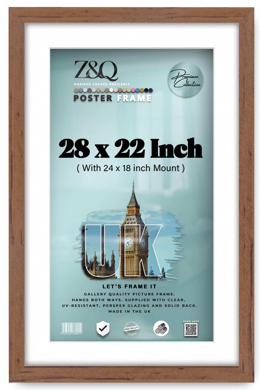 Z&Q Walnut - Premium Mdf Wood Finish 28 X 22 Inch Poster Frame With 60.96 X 45.72 Cm White Mount Ideal For Portraits, Art & Wall Décor (71.12 X 55.88 Cm) Frame [ ]