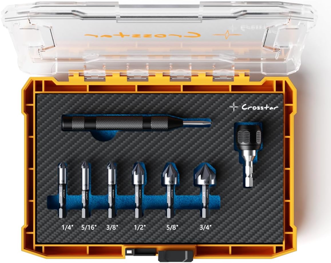 Crosstar Pro Cobalt Countersink Drill Bit Set, Titanium Aluminum Nitride Coated, 1/4" Hex Shank, 6-Piece (1/4" to 3/4") with Center Punch & Quick-Change Adapter for Metal, Stainless Steel