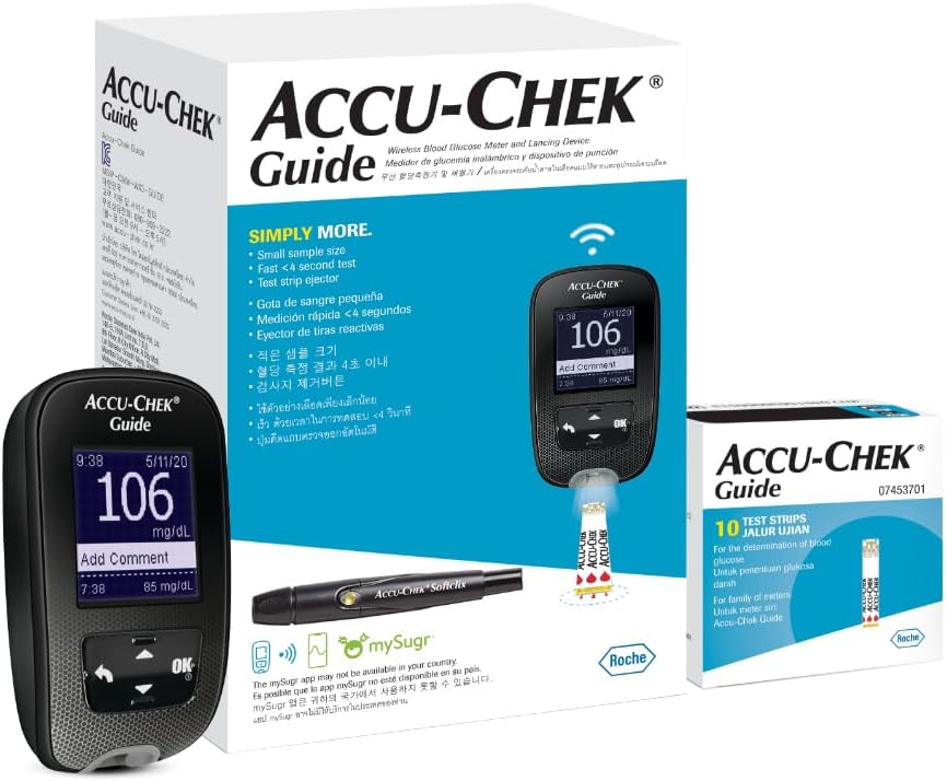 Accu-Chek Guide Blood Glucose Glucometer Kit with Vial of 10 Strips, 10 Lancets and a Lancing device FREE