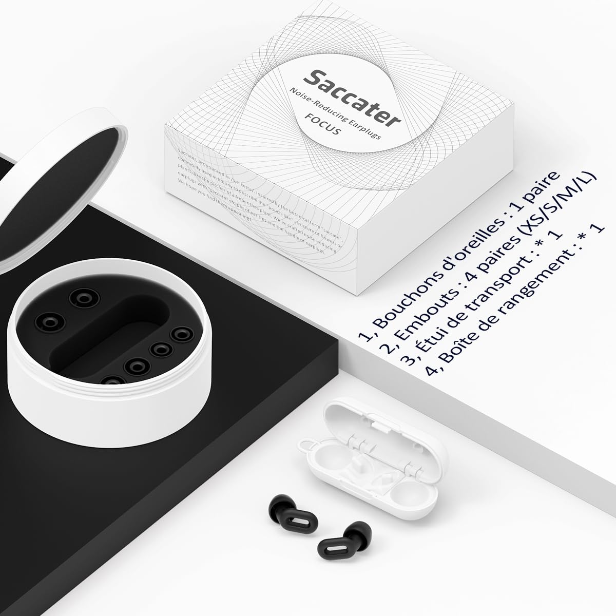 Bouchons d'oreilles Saccater Focus - Bouchons en silicone réutilisables pour la concentration, le travail, les études, le sommeil, les voyages, protection auditive, XS/S/M/L SNR 23 (Noir, Unité)