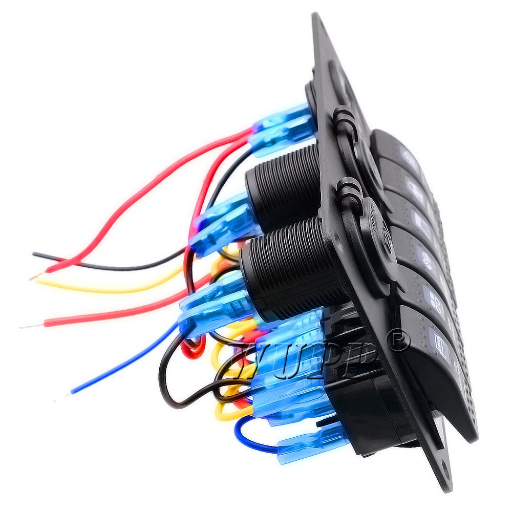 Cyfrowy 6-stopniowy panel przełącznika kołyskowego LED, 12 V, podwójne gniazdo zapalniczki, woltomierz, wyświetlacz, ochrona przed przeciążeniem, do samochodu, łodzi, kampera (6-drożny niebieski)