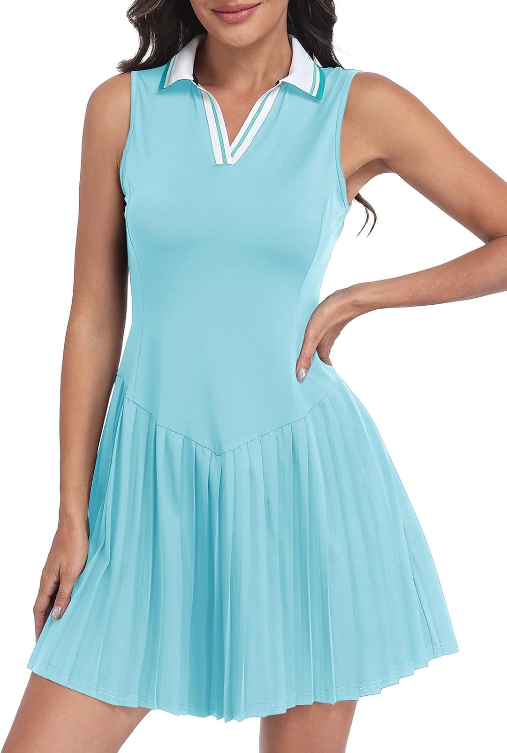 Women's 2 Piece Sleeveless Tennis Dress with Shorts V-Neck Pleated Athletic Outfits for Pickleball Golf Casual Wear - Image 2