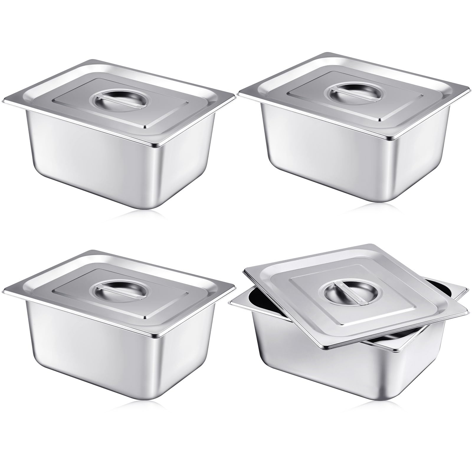 mifoci 4 pack stainless steam hotel pan with lid, 1/2 size x 6 inch deep, reusable anti rust steam pan for home, party, restaurant, hotel, buffet