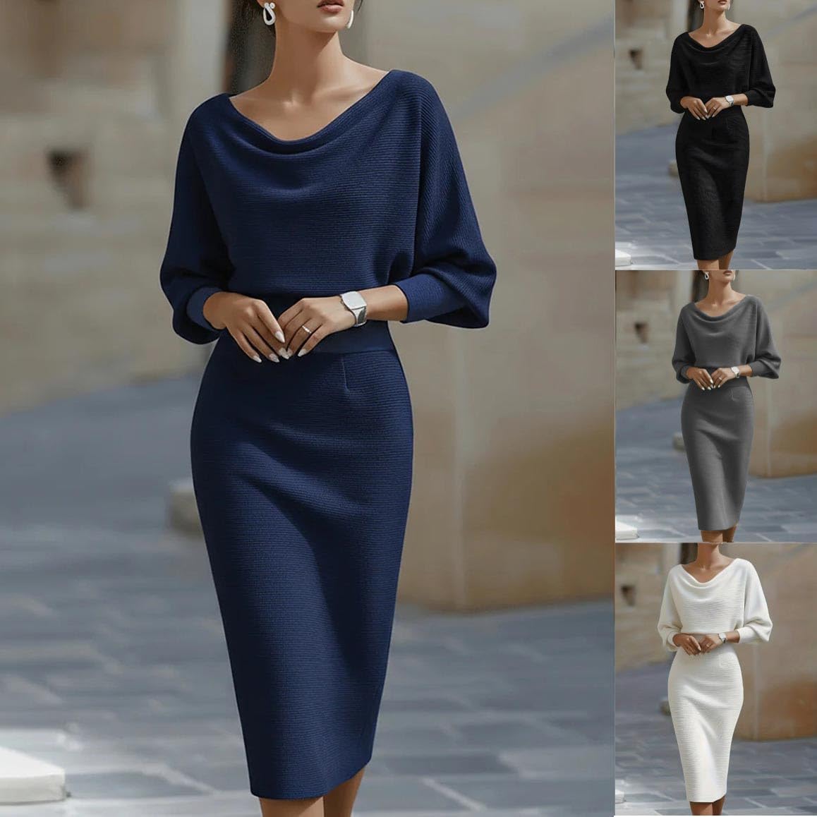 HGps8w Women's Cowl Neck Bodycon Work Dresses, Elegant 3/4 Batwing Sleeve Business Office Church Pencil Dress