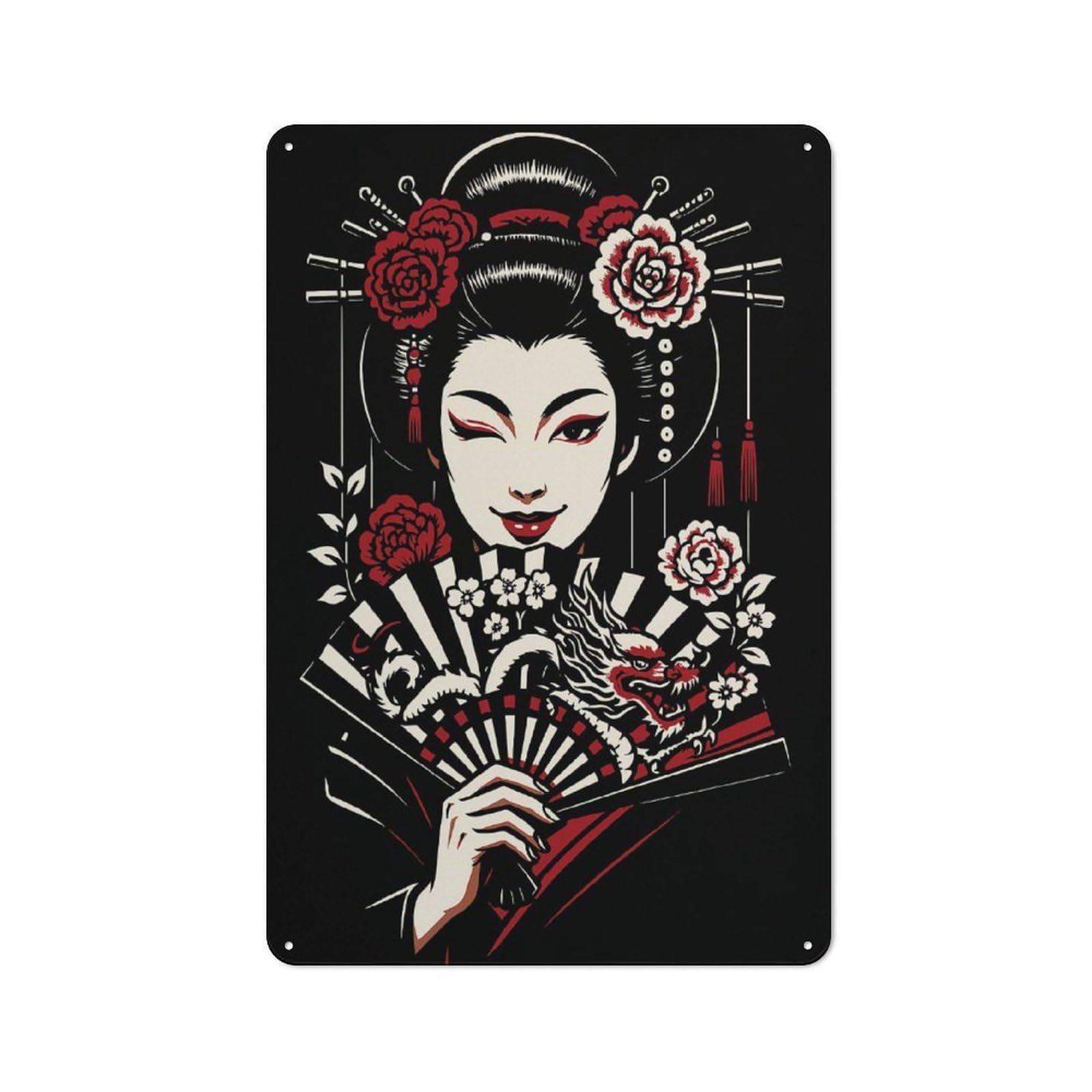 Junmoney Winking Geisha With Dragon Fan Vintage Metal Wall Sign 30X20cm For Bar Or Restaurant, For Kitchen, Dining Room And Home Bar Wall Decor