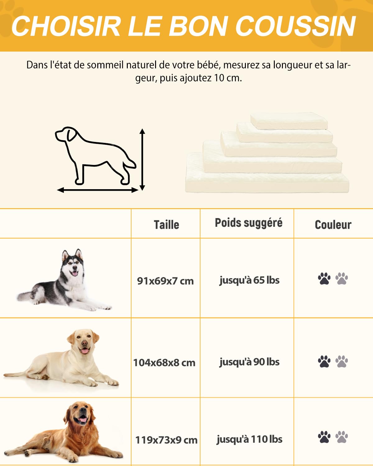 Panier Coussin Chien Dehoussable Lavable, Grande Taille Lit pour Chien Orthopédique, Tapis Matelas, 104x68cm, Fond Antidérapant, Beige