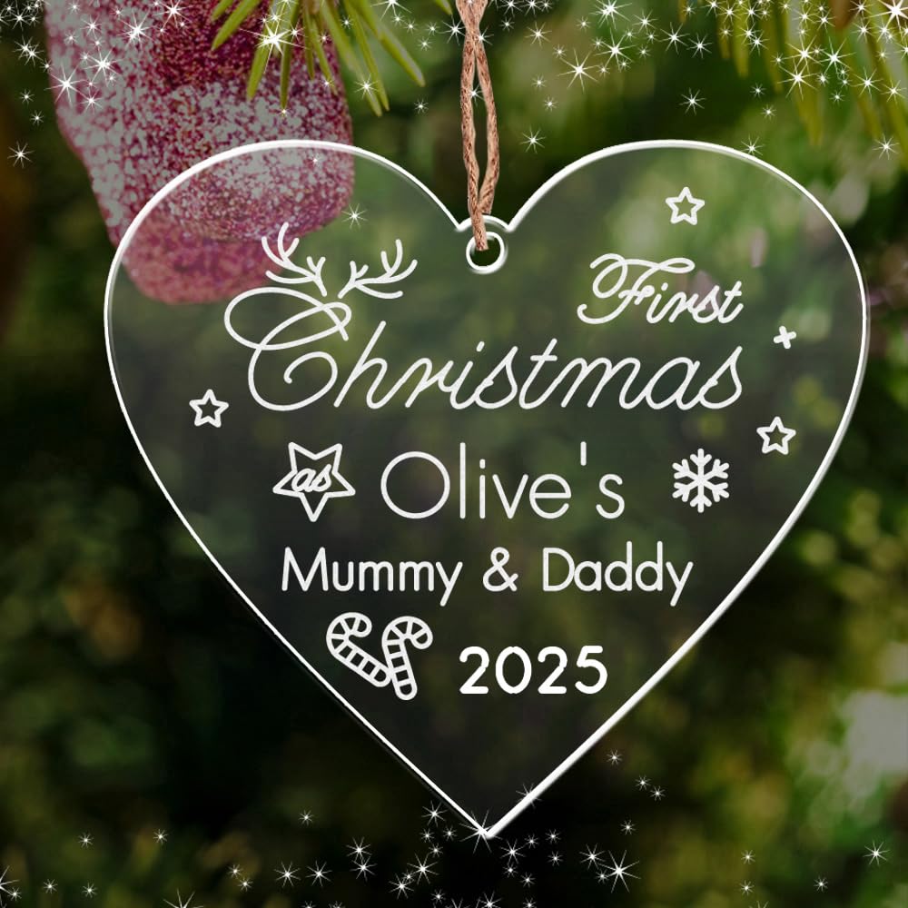 Personalised Merry Christmas Tree Bauble Customed Xmas Decoration for Baby New Home Engraved Names of Family member Acrylic Christmas Tree Ornament for Family (Heart)