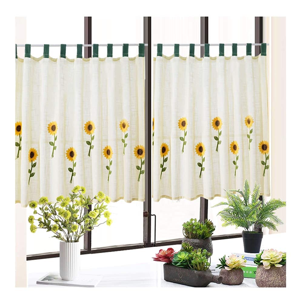 Rideau cuisine brise-vue anti-vis-à-vis broderie tournesol court 150x90cm