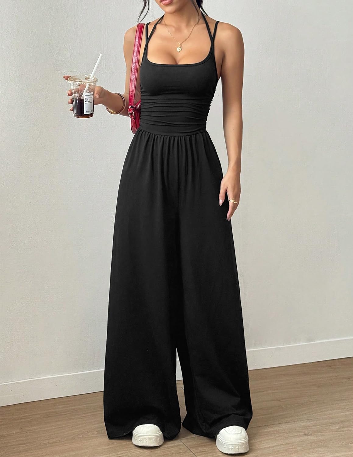 LIAMERHE Combinaison Femme Été Élégante Dos Nu Col Licou Sexy Pantalon Large Fluide Taille Haute Chic Sans Manches Jumpsuit pour Mariage Plage Décontracté Mode Barboteuse