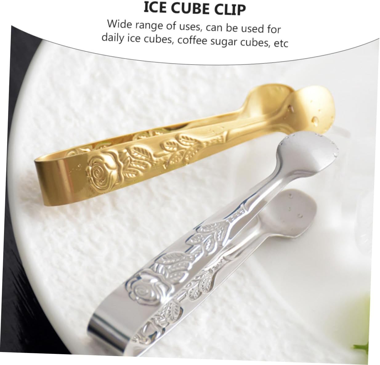 Alipis 2pcs Stainless Steel Food Tongs with Rose Pattern Multi-function Ice Cube Clips for Coffee Sugar Cubes Heat-resistant Kitchen Clips for Home and Party Use