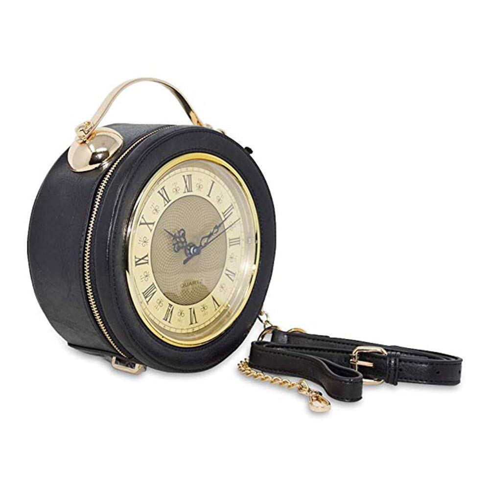 Clock Bag Echt Arbeiten, Vintage-Umhängetasche Messenger Bag, Steampunk-Stil-Form Ledertasche Kreishandtaschen-Ketten-Schulter Weibliche Tasche (Black)