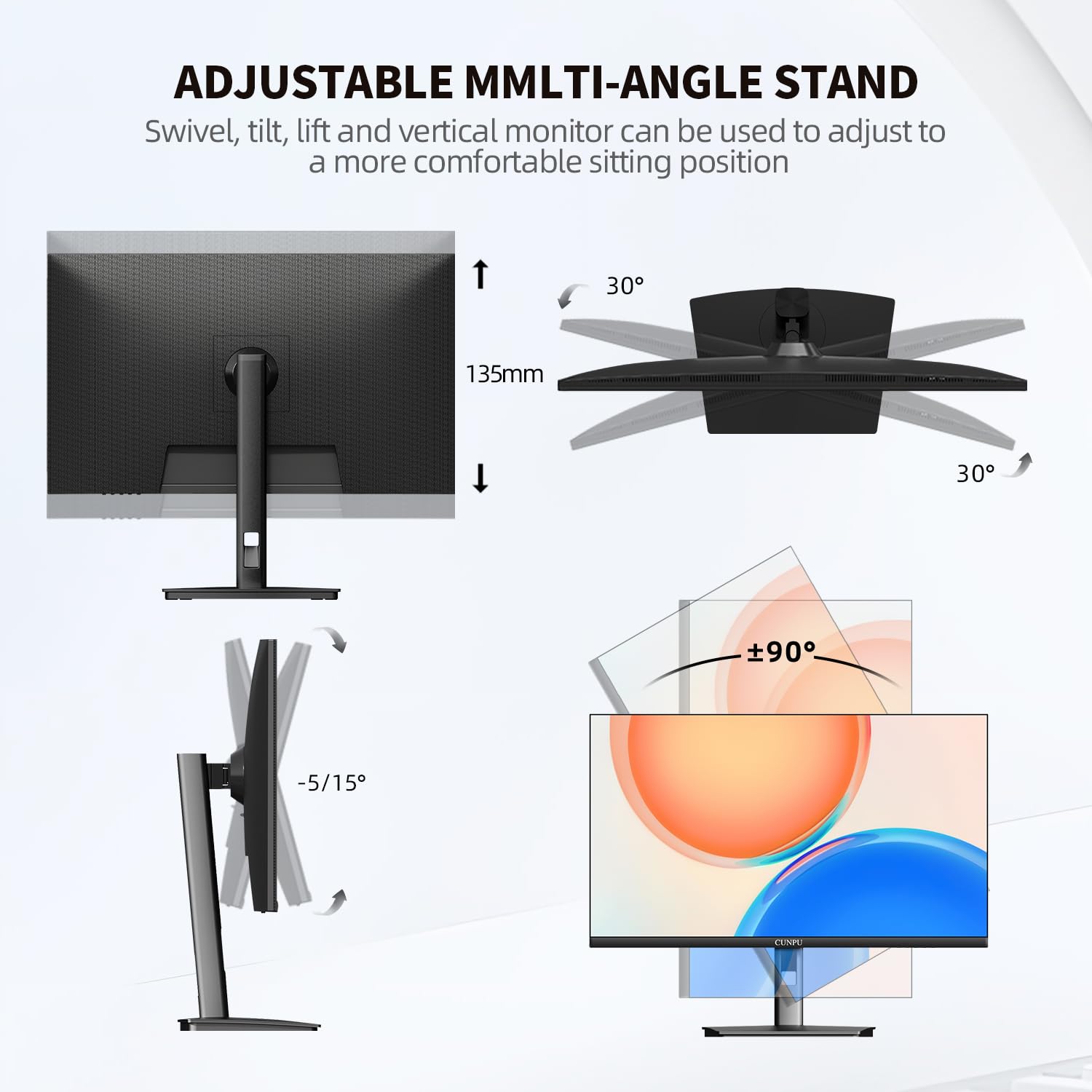 CUNPU - 61 cm (24 Zoll) 4K-Computermonitor, UHD (3840 x 2160), IPS-Panel für Foto- und Videobearbeitung, ΔE < 2, 185 PPI, DCI-P3 100 %, 1,07 B + Farben, HDR10, VESA, höhenverstellbar, vertikal