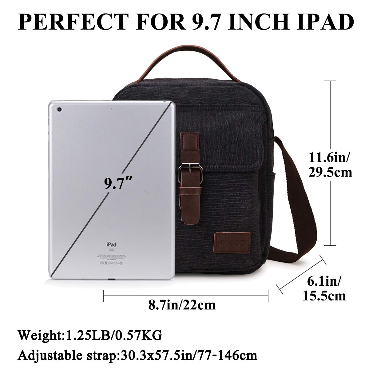 RAVUO Bolsos Hombre Bandolera, Resistente al Agua Bolso Bandolera Pequeña Bolsa Mensajero de Lona Bolso Mano con Bolsillos y Cremallera Messenger Bag,Nergo