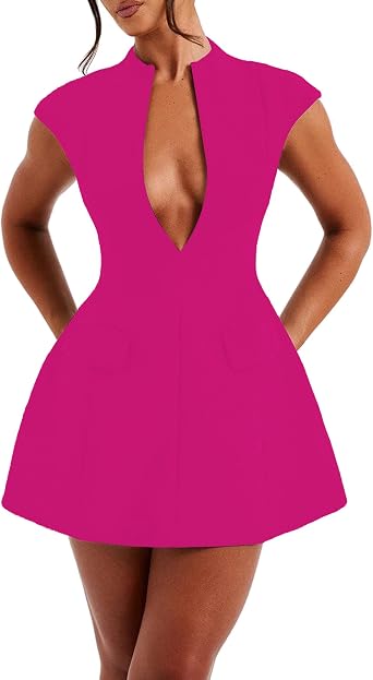 LuFeng Womens Summer Sexy Cap Sleeve Deep V Neck Zipper A-line Mini Dress | Vestidos Elegantes De Mujer Dirthday Dinner Dress Hollow Bodycon Night Out Party Dress